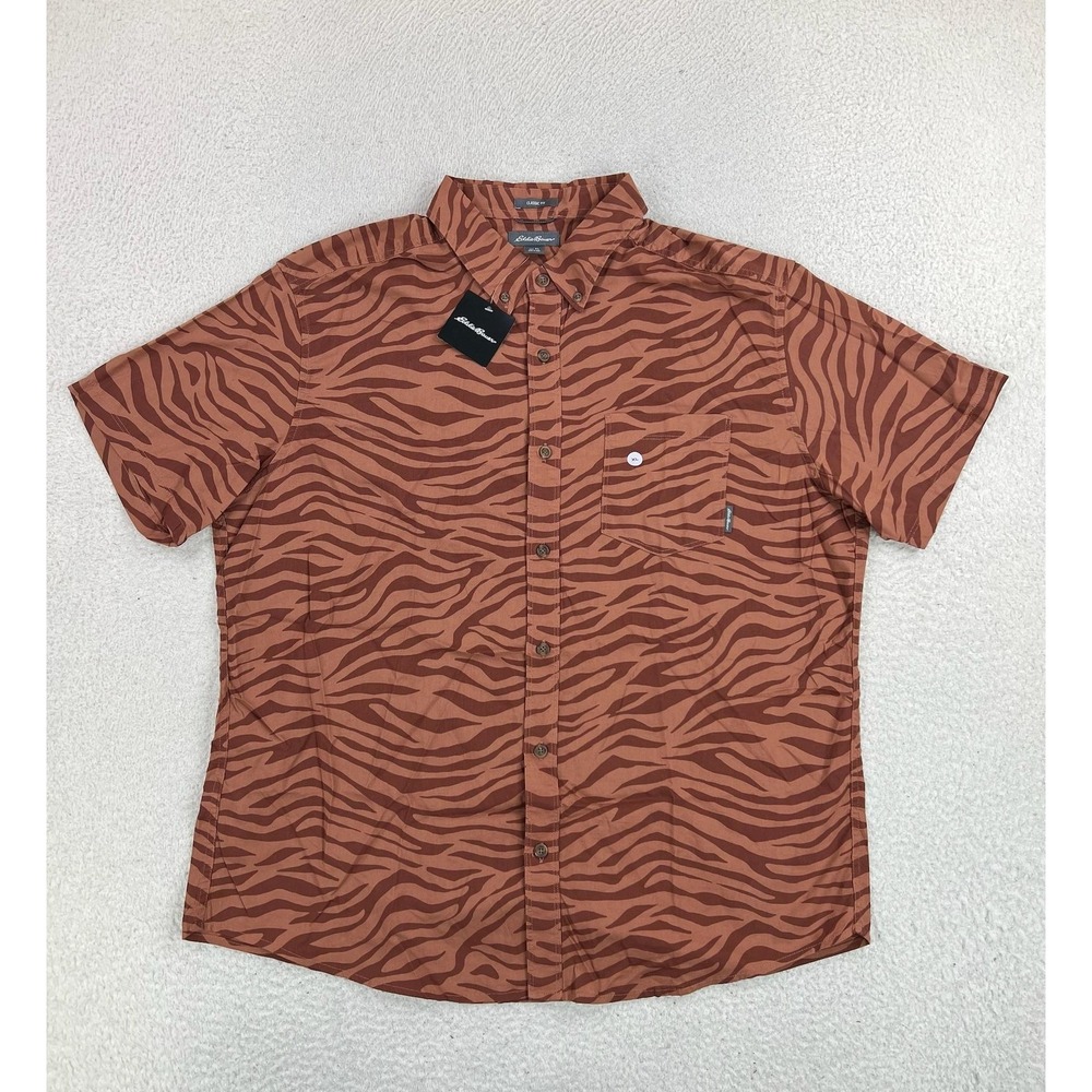 Eddie Bauer Shirt Mens XL Brown Animal Print Short Sleeve Button Up Classic Fit